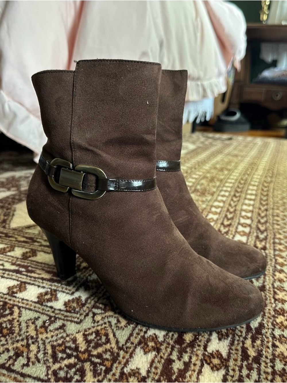 Karen Scott Dark Brown Suede Ankle Boots with Buckle Accent